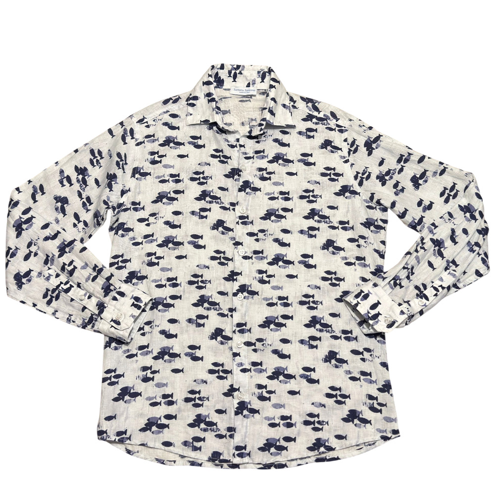 Sartoria Saracena Linen Shirt Mens M Fish Print Long Sleeve Button Resort Trip